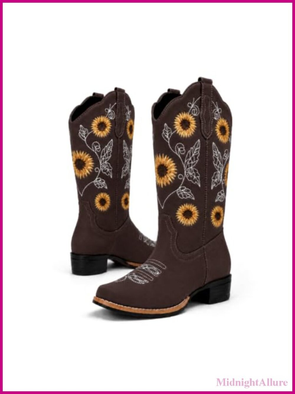 Sunflower Embroidered Cowboy Boots Square Toe Mid-Calf Low Heel Western